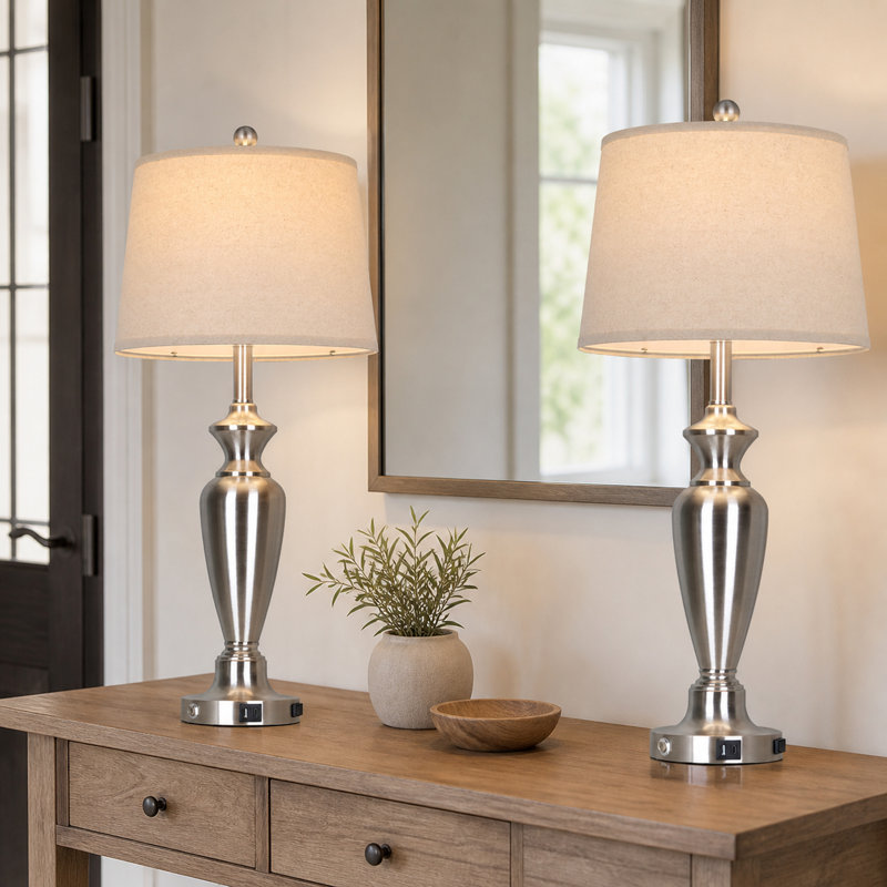 Lampes de table à commande tactile de 30 po avec ports USB et Type-C, ampoule DEL incluse, Nickel brossé