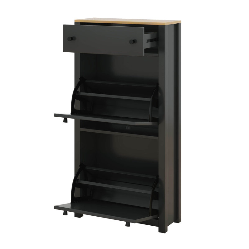 Free Standing Shoe Rack With 2 Flip Drawers And Adjustable Panel, Wood Grain Pattern Top Cabinet, Functional Entryway Organizer