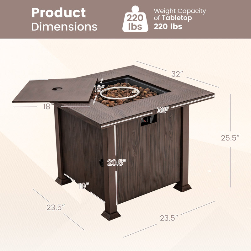 Donnye Square Stainless Steel Propane Smokeless Fire Pit Table with Hidden Fuel Tank
