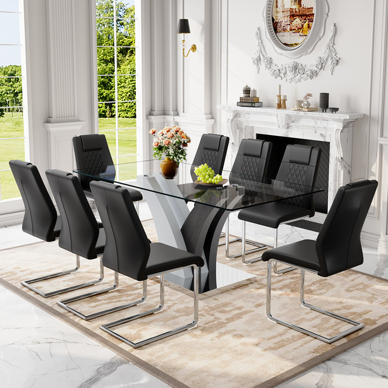 71" Dining Table Set with Glass Top, 9 Pieces: Table, 8 Chairs, Black