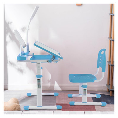 Modern Kids Desk and Chair Set with Adjustable Height, Blue and White Study Table for Children