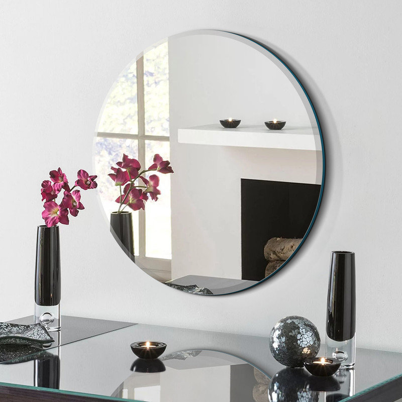 Miroir de salle de bain rond biseauté sans cadre pour mur, 30 po x 30 po
