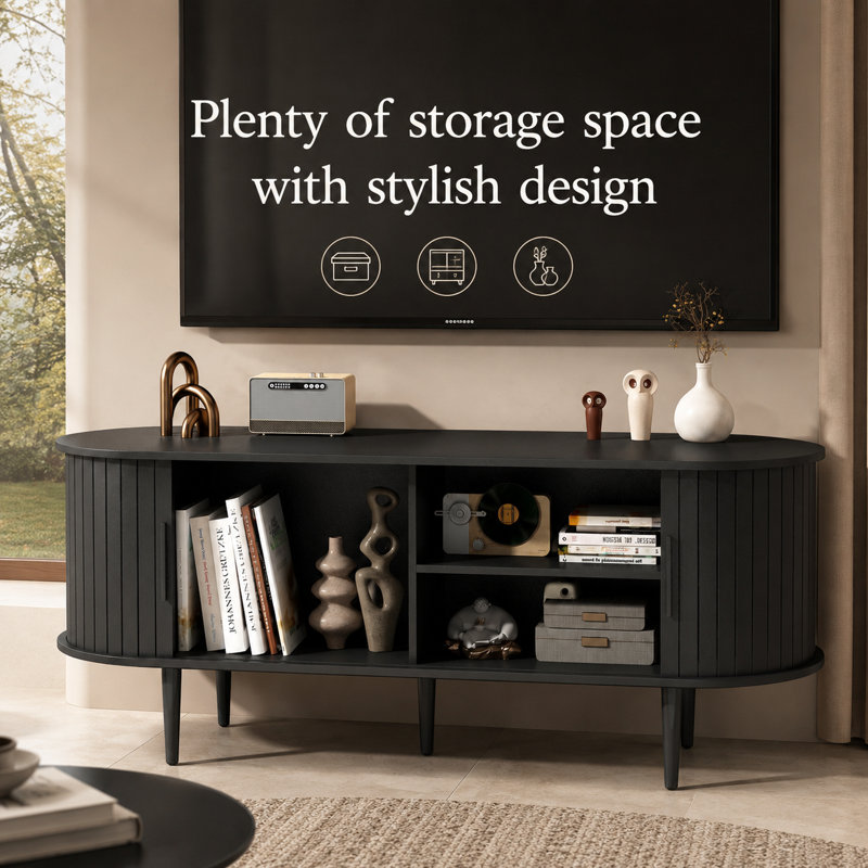 Meuble télé moderne avec espace de rangement avec compartiments de rangement, armoire à portes coulissantes, pieds de support robustes, console média