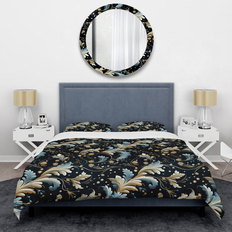 Literie à motif de fleurs bleues et dorées, Housse de couette pour grand lit et 2 taies décor