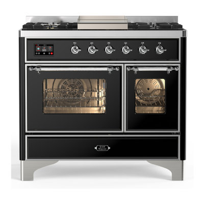 Cuisinière à carburant double de 40 po avec 6 brûleurs scellés et plaque chauffante Majestic III Series en noir brillant (propane liquide, garniture chromée)