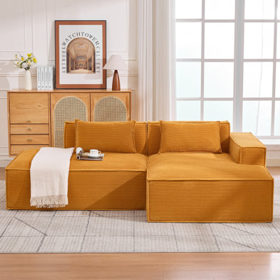 Canapé modulaire en velours côtelé à compression en L 92 po, canapé rembourré doux et désossé moderne avec jeté, aucun assemblage requis pour le salon