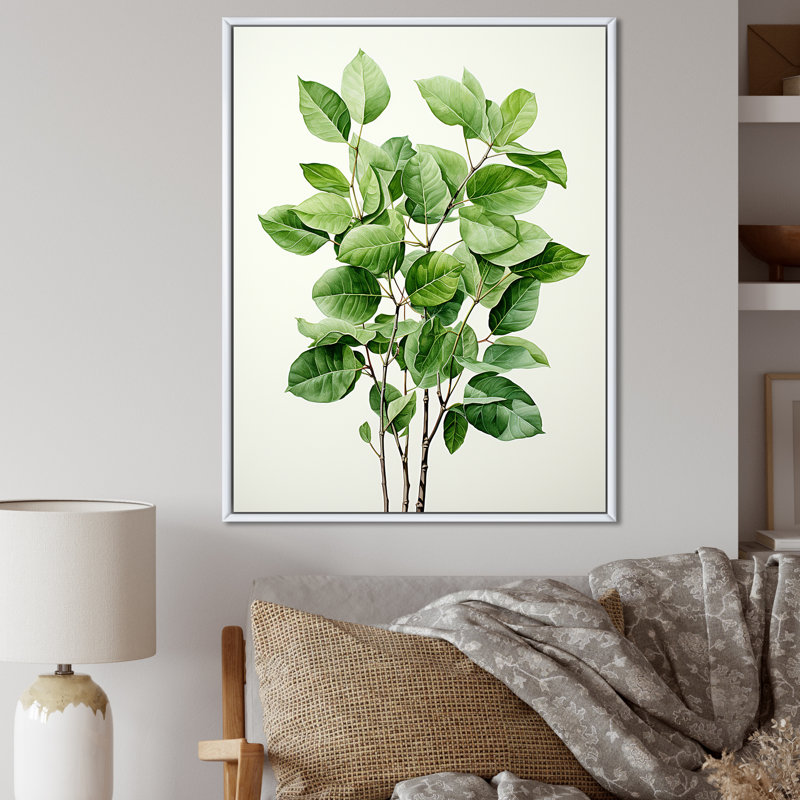 «Green Elegance Leaves» sur toile, Cadre flottant blanc, H 44 po x l 34 po x P 1,5 po