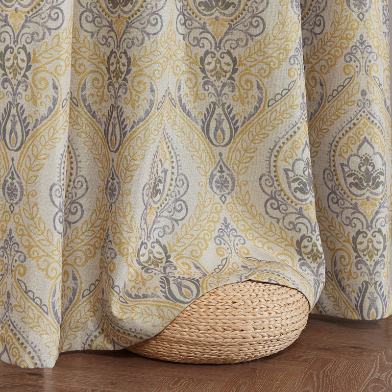 Rideaux obscurcissants à motif de médaillon rétro à motif de médaillon rétro pour chambre jaune sur fond gris, Jaune