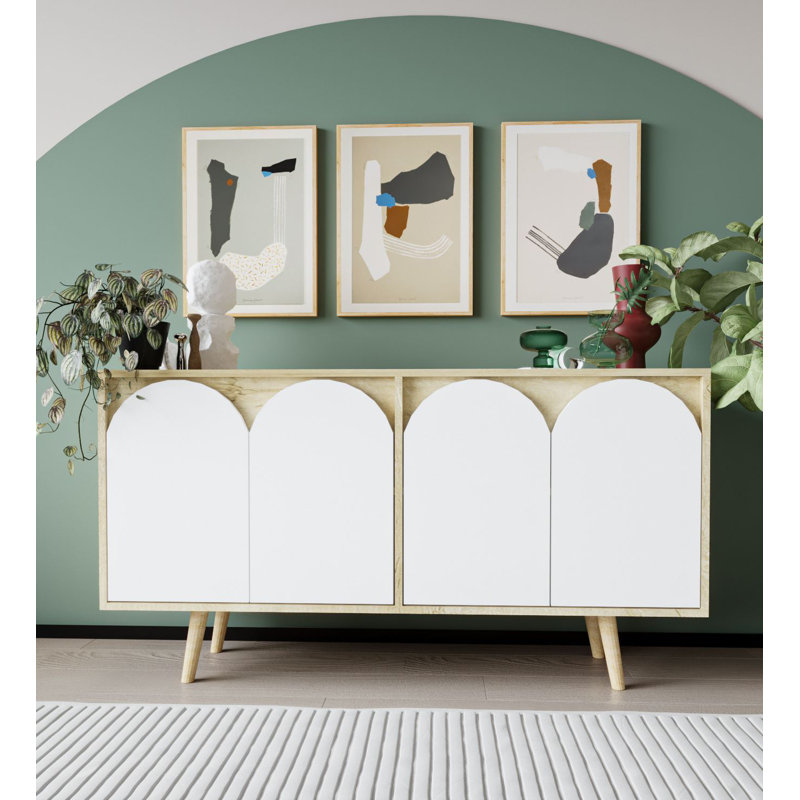 Buffet décoratif 4 portes avec pieds en bois Lilliana, Chêne saphir / blanc