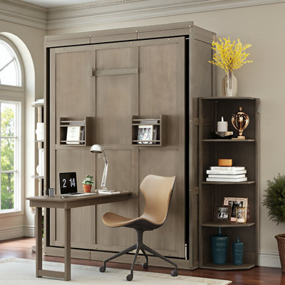 Queen Size Murphy Bed, 360° Rotating Wall Bed, Wood, Multi-Layer Shelving, Contemporary, Multi-Functional Room