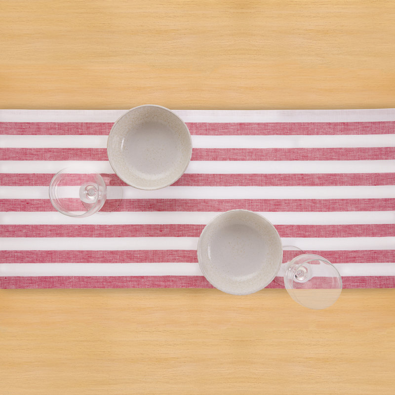 100% Pure Linen  Table Runner - Sorrento Stripe, 90" x 14", Red/White Large Stripe