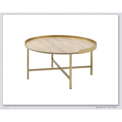 Mithea Contemporary Oak  Gold Finish Coffee Table with Durable Metal Base, Perfect for Small Spaces and Elegant Decor