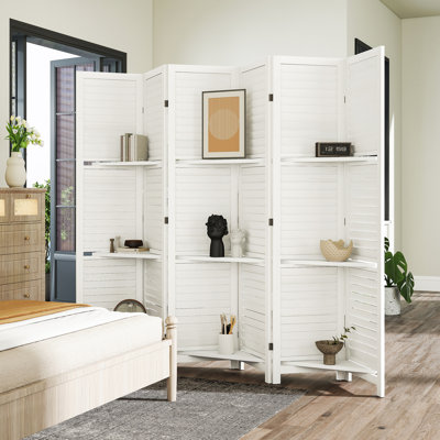 Paravent de chambre en bois blanc, 6 panneaux de 170 cm de hauteur, avec 3 étagères et rangement pliable, occultant et 3 étagères.