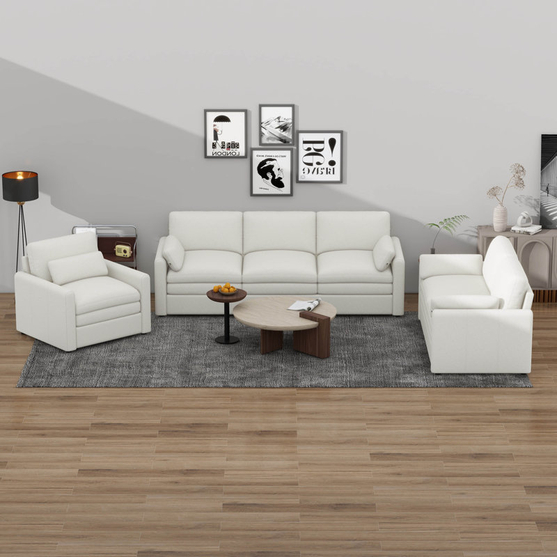 3 Pieces Pieces Cozy Upholstered Sofa Set Comfy Cloud Sofa Double Cushion Sofa Group, Beige