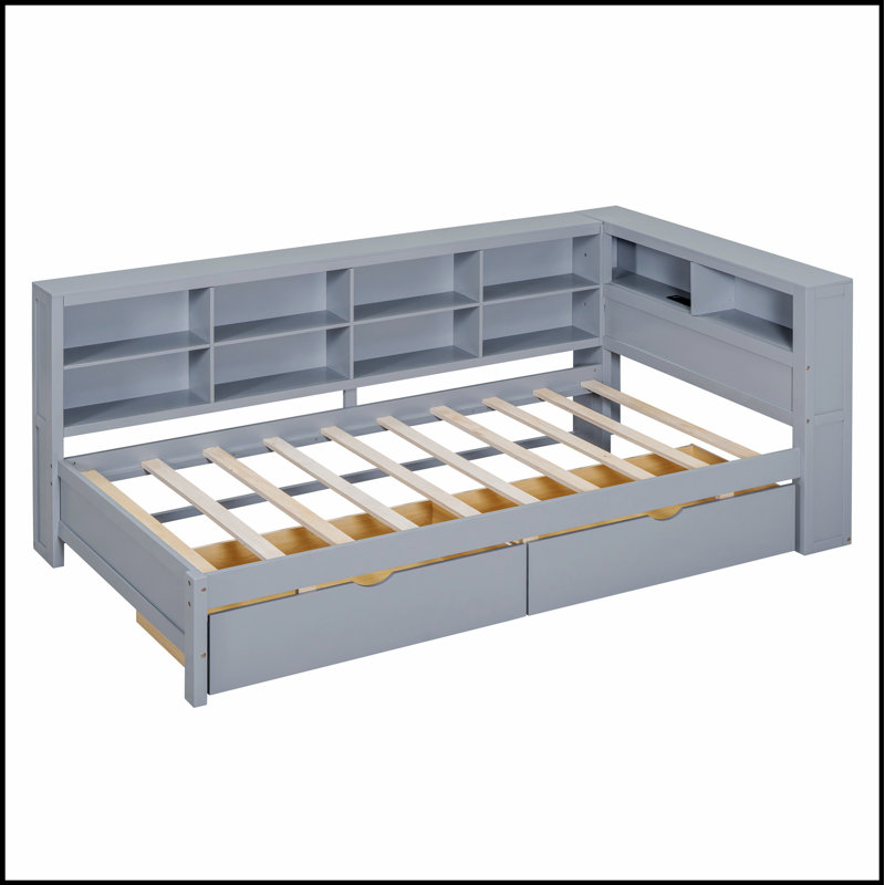 Lit de jour en bois avec 2 tiroirs, tablette de rangement et ports de chargement USB pour un confort moderne, Gris