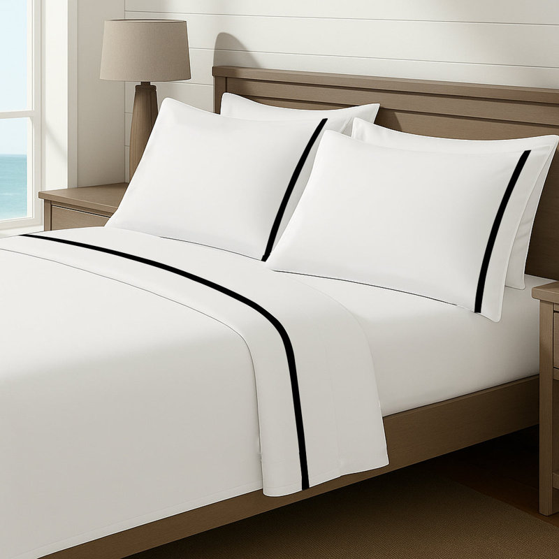 Luxury Border Cotton Sheet Set, Queen Fitted Sheet, Black/White