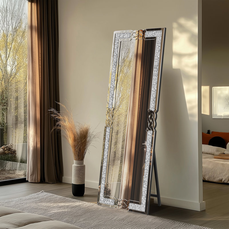 Crystal Full Length Floor Mirror With Stand 63"×22" Crushed Diamond Full Body Mirror Silver Long Standing Mirror For Bedroom Living Room Bathroom Wall Mounted