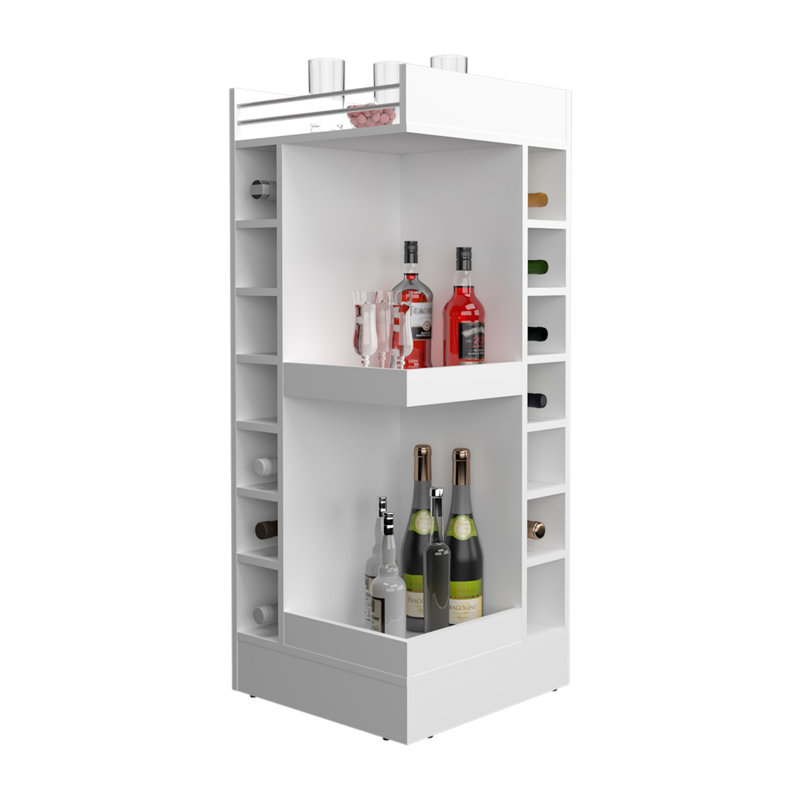 Armoire de bar d'angle à 3 niveaux avec quatorze casiers à bouteilles de vin, Blanc