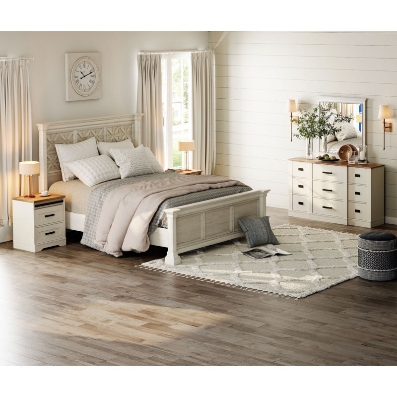 Ensemble de commode et de table de chevet 9 tiroirs 3 pièces Laziza, Blanc crème