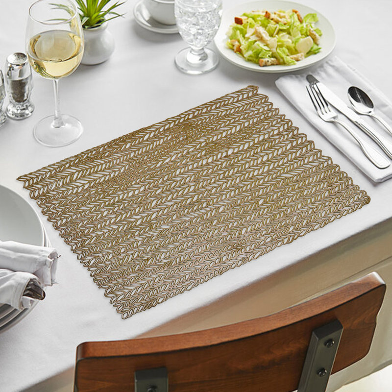 Durable Herringbone PVC Placemats Set of 6 Heat-Resistant Table Mats for Dining and Christmas Decor, Gold