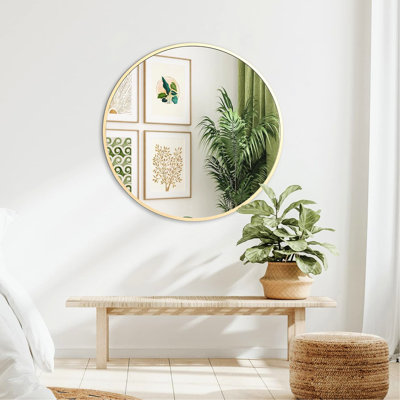 Miroir rond de 32 po avec cadre en métal doré pour salle de bain - Verre haute densité, cadre rouillé, panneau de protection en densité, étapes d'assemblage faciles, film incassable en aluminium de 4 mm, crochets d'installation renforcés