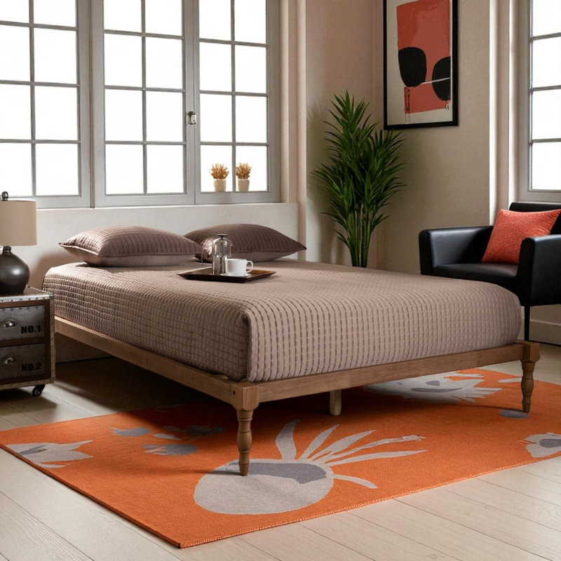 Tranquility Queen Size Platform Bed Frame in Brown Finish, 12.83'' H X 62.99'' W X 81.05'' L, Queen