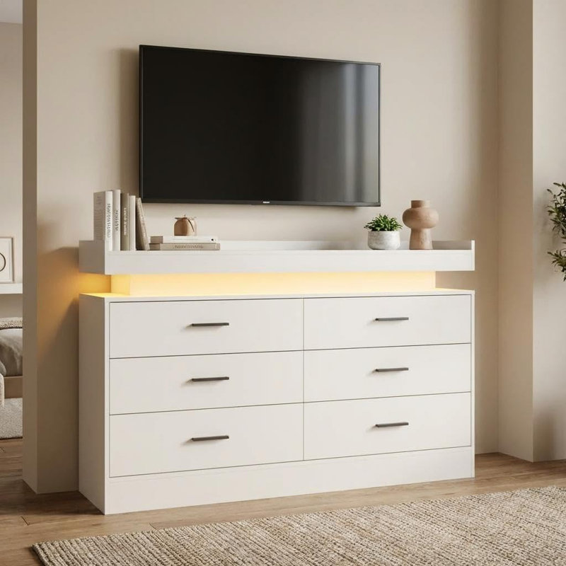 Meuble télé 31,5 po à 6 tiroirs, Blanc