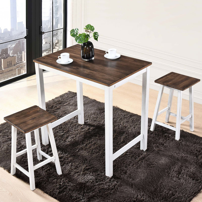 Tabouret de comptoir 3 pièces - Bois massif en chêne foncé antique et blanc pratique pour économiser de l'espace pour les espaces compacts