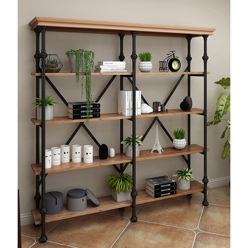 Bibliothèque ouverte 5 niveaux style industriel en métal et pin, (4 Shelves) 70.9"H x 70.9"W x 13.8"D