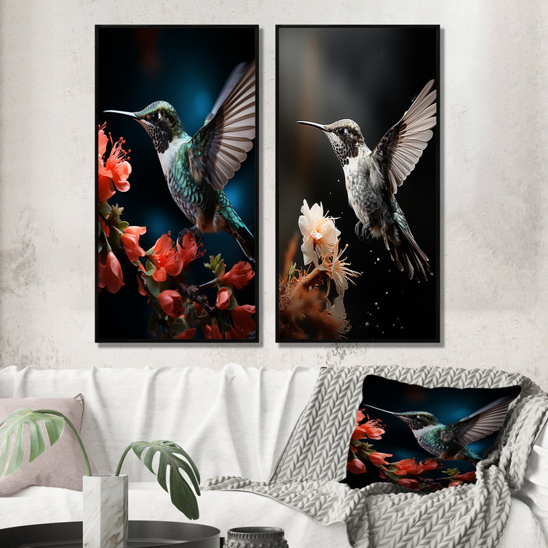 «Teal Coral Hummingbird Portrait Vibrant» «Teal Coral Hummingbird Portrait Vibrant» 2 - pièces sur, Cadre noir