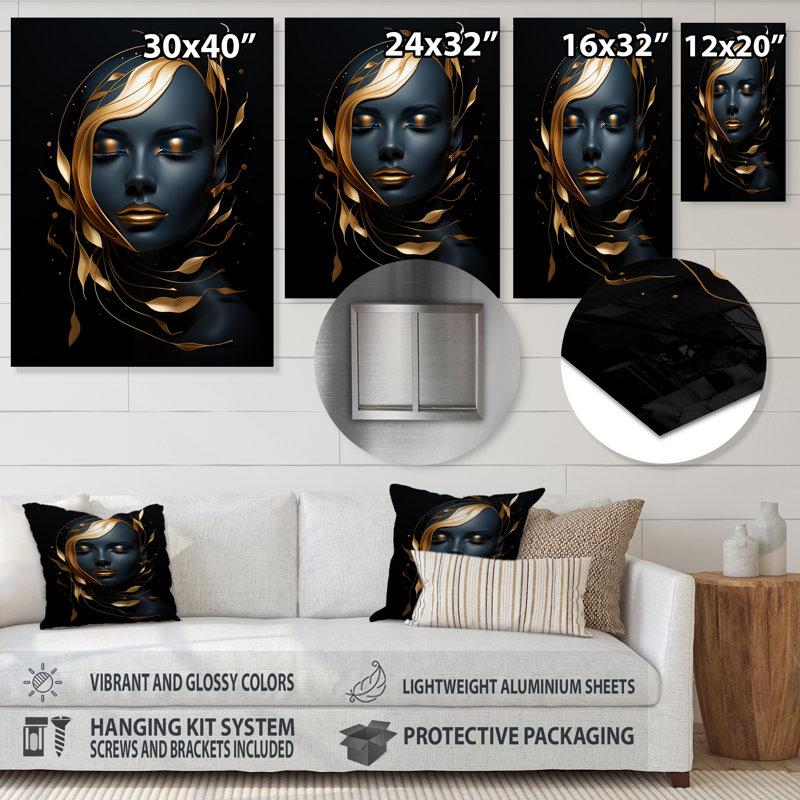 Céleste femme dorée et noire, portrait II - mode, art en métal, H 32 po x l 16 po x P 1 po