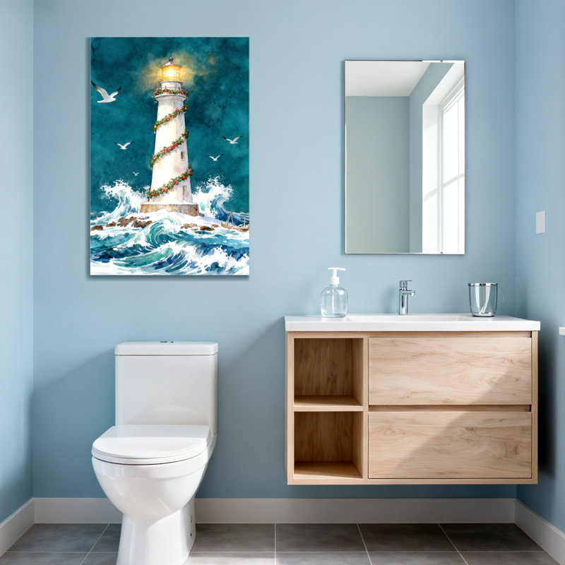 Phare de Noël avec guirlande et vagues, H 24 po x l 16 po