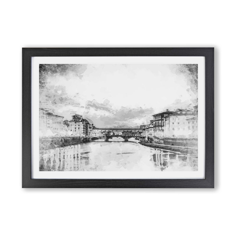Ponte Vecchio Bridge in Florence Italy - Picture Frame Painting Print on Paper, 24cm H x 33cm W x 2cm D, Black