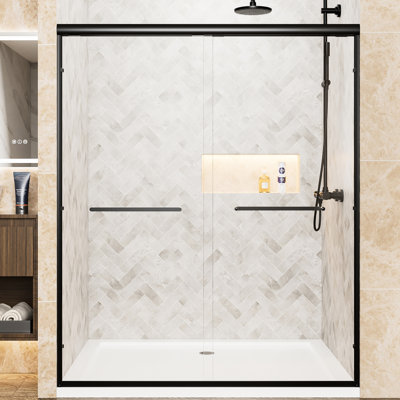 Double Sliding Shower Door 60" Wide By 72" High, 1/4"  6Mm  Clear Tempered Glass, Matte Black Aluminum Frame, Dual Stainless Steel Handles, Adjustable Width Between 56" - 60", Water Proof Feature For