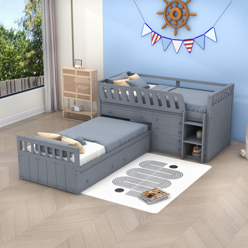 Lit superposé simple en bois avec sept tiroirs, gris