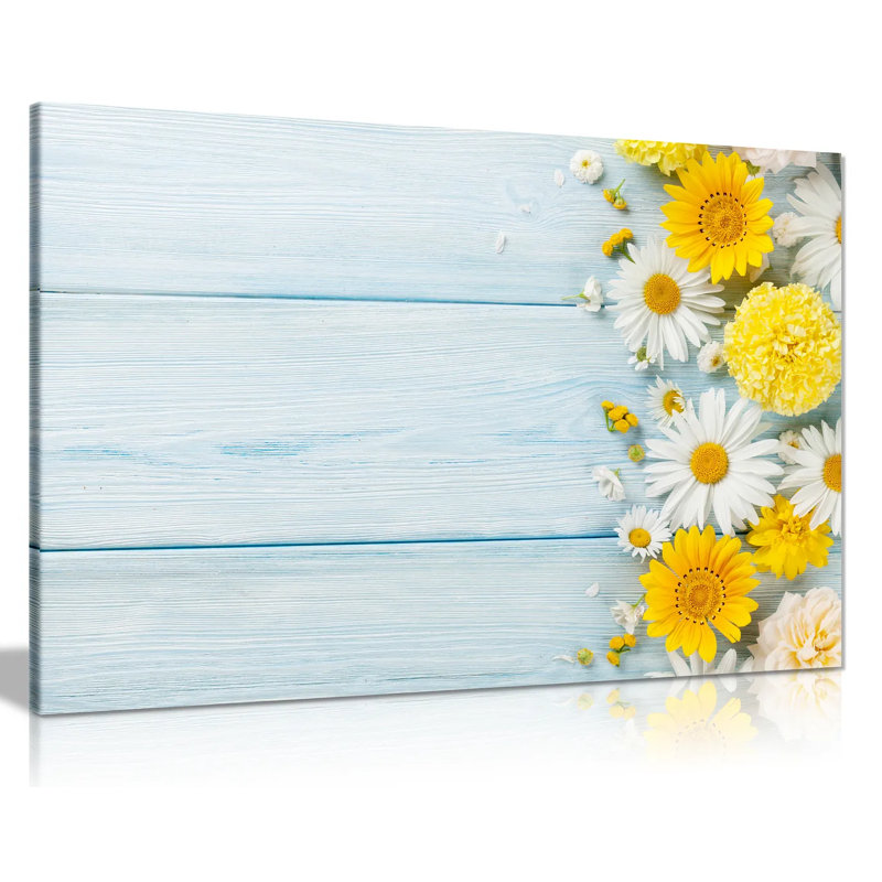 Rustic Yellow Garden Flowers Over Blue Wooden Table - Wrapped Canvas Print, 51cm H x 76cm W