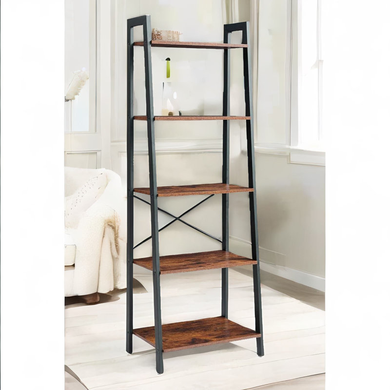 Aeneus Rustic Ladder Shelf Bookcase Industrial Rustic Brown Home Living Room Furniture