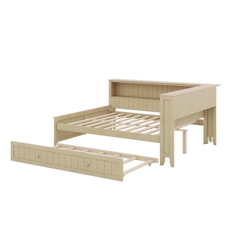 Lit de jour en bois avec tablettes de rangement et lit gigogne