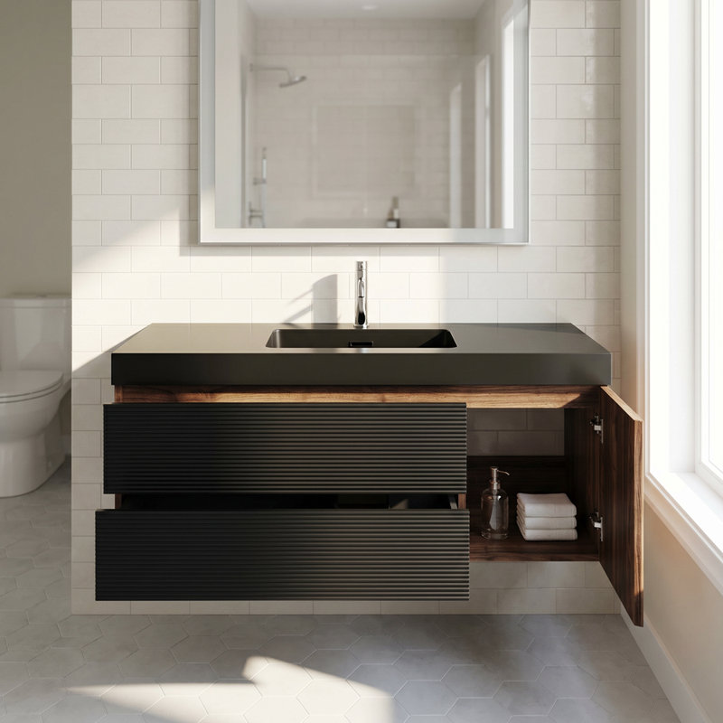 Meuble-lavabo 48 po en noyer avec lavabo à surface solide d'ingénierie noir mat et tiroirs noirs doux et une porte, 48"