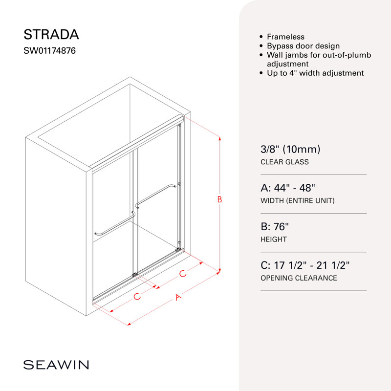 Strada 44 - 48 x 76 "Porte de douche coulissante sans cadre 3/8" en verre trempé transparent, Noir mat