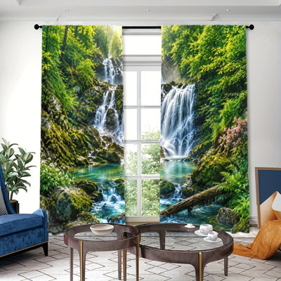 2PCS Lush Forest Waterfall Scenic Nature Print Thin Light Filtering Curtain with Easy Hang Rod Pocket Design, Outdoor Landscape Theme, Spring Refresh Decor, All-Season Curtains for Home Living Room Bedroom Study Decoration