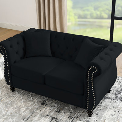 Black Velvet 2 Couch With Rolled Arms And Nailhead Trim - 58.8" For Home, Comfortable Stylish, 2 Pillows Style In Seater Arms, Trim, Construction, A Classic Look