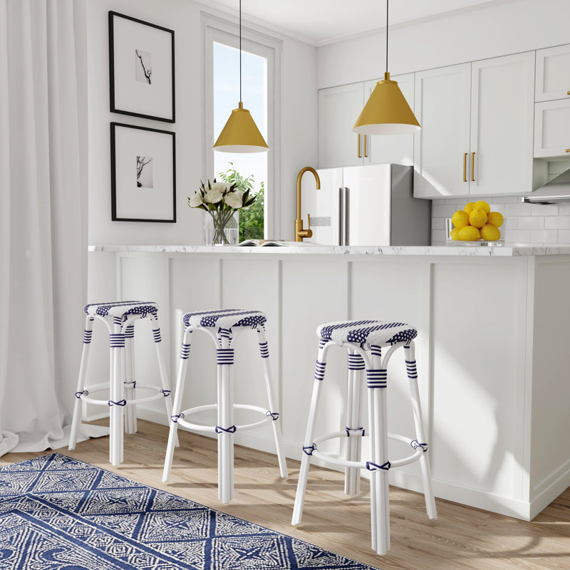 Tobias Rattan Bar Stool & Counter Stool, Bar Stool (30" Seat Height), White/Navy Stripe/White Rattan Frame