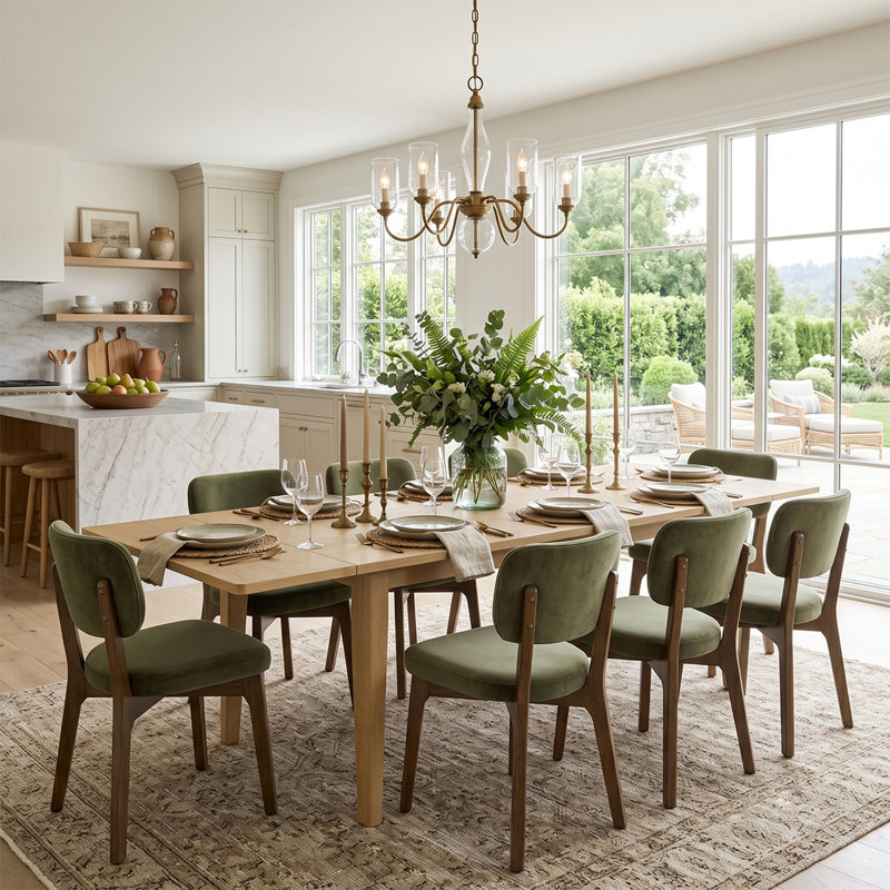 Ensemble de table de salle à manger extensible 9 pièces avec chaises rembourrées en bois massif, Vert