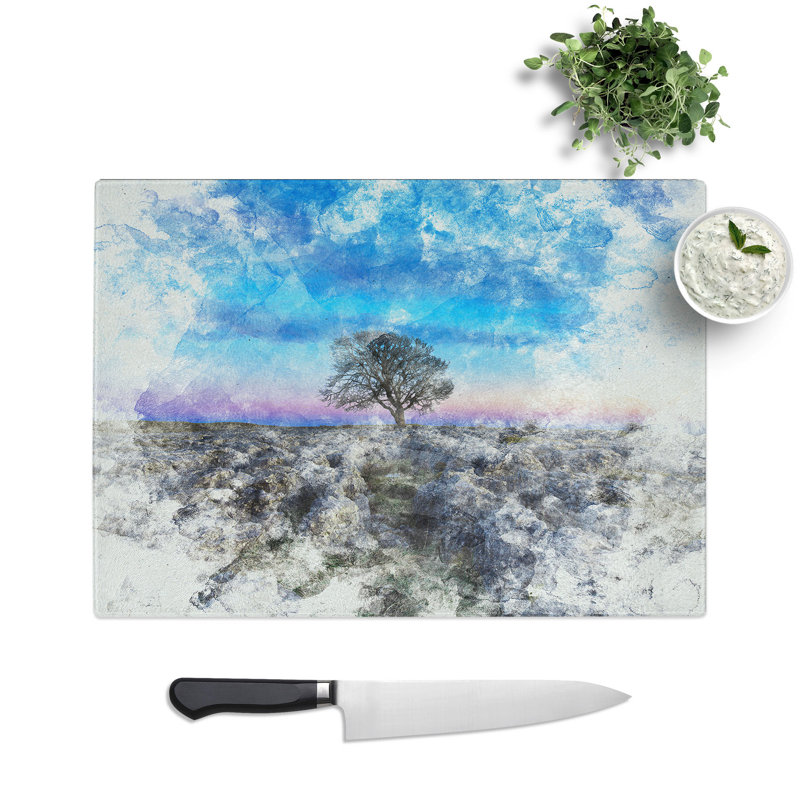 Tempered Glass Tree Under a Sky Watercolour Chopping Board, 28.5 cm x 39 cm