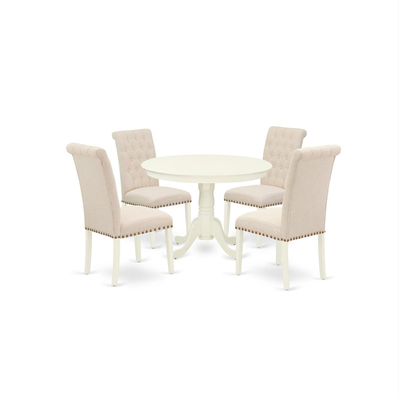 5 Piece Dining Room Furniture Set Includes a Round Dining Table with Pedestal and 4 Light Beige Linen Fabric Upholstered Chairs, 42x42 Inch, Linen White