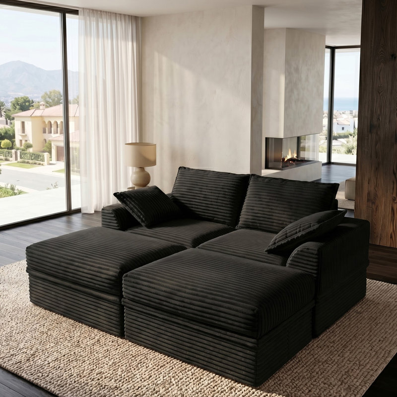 Canapé modulaire Comfy Cloud avec deux repose-pieds et rangement sous le siège, Velours côtelé beige