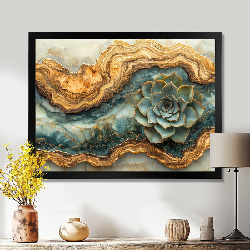 Moheez en bois fleurs succulentes dans la rivière paysage III - art mural succulent, H 30 po x l 40 po, Noir