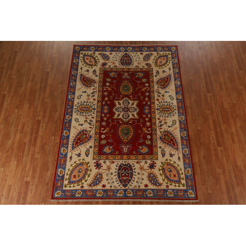 Tapis rouge / beige en laine noué à la main de conception unique 6 pi 8 po x 9 pi 7 po New Age