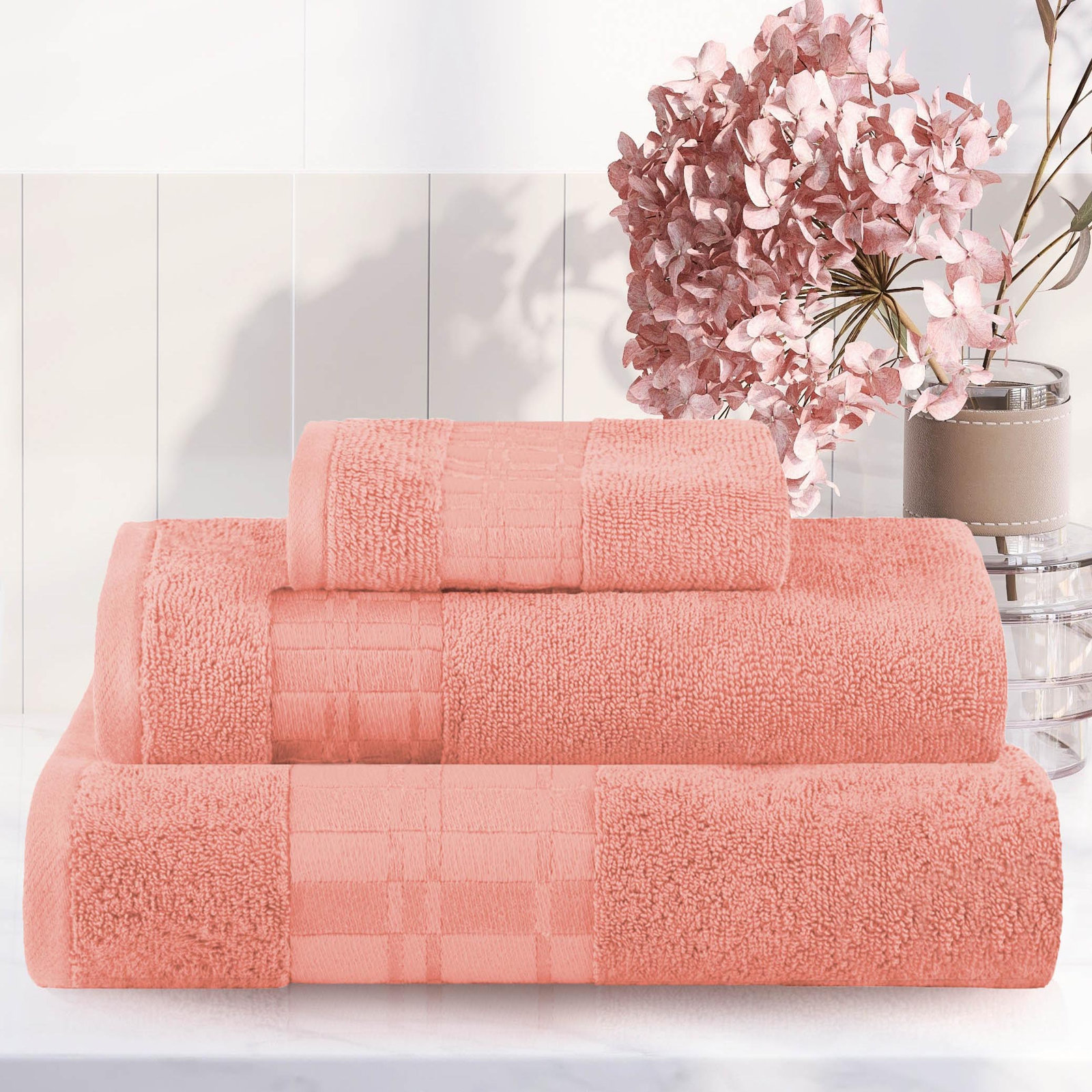 Davis 3-Piece Geometric Cotton Towel Set, Coral